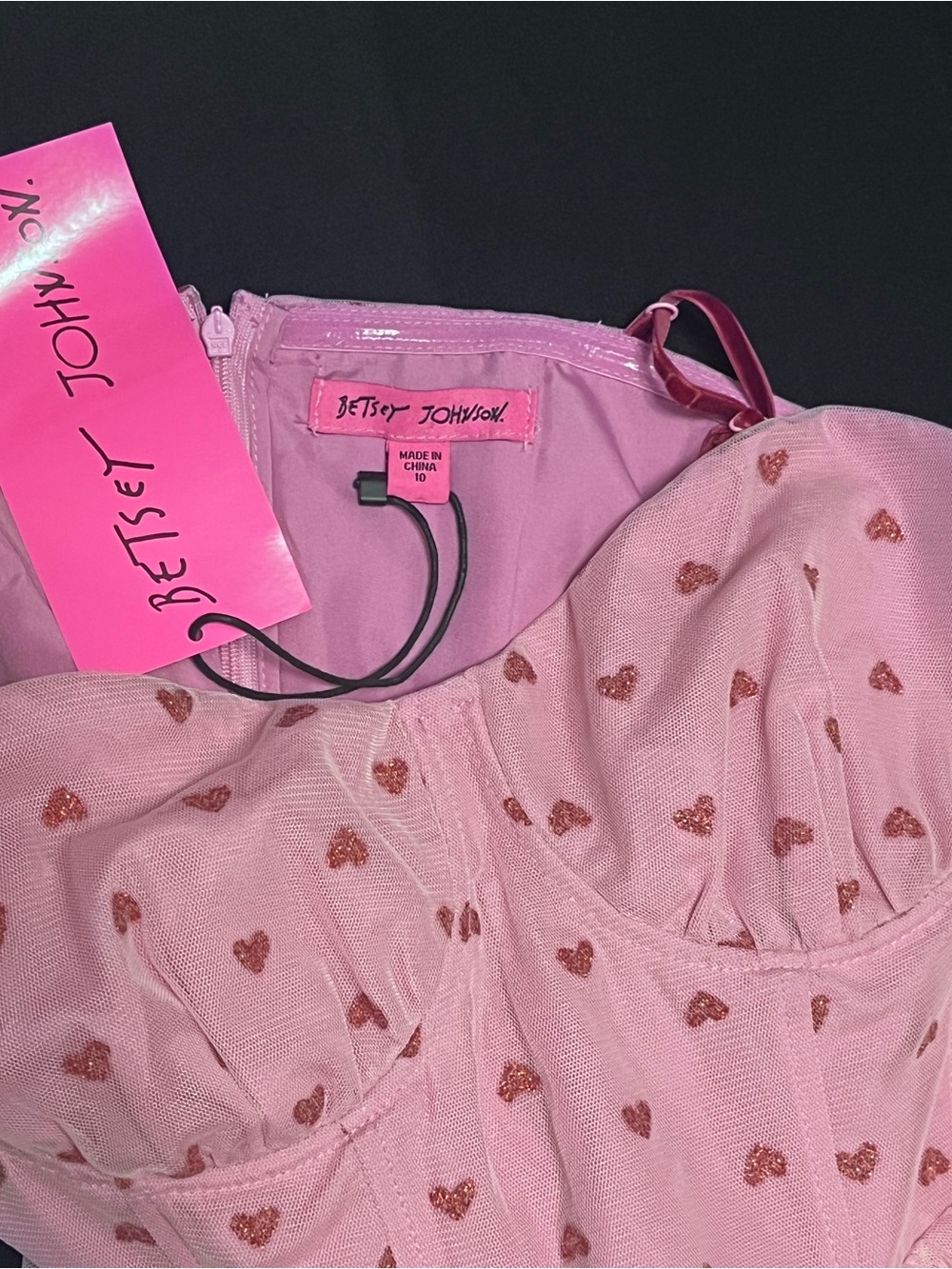 Betsey Johnson Pink Mesh Midi Dress with Red Heart Print Size 10 - Picture 3 of 4